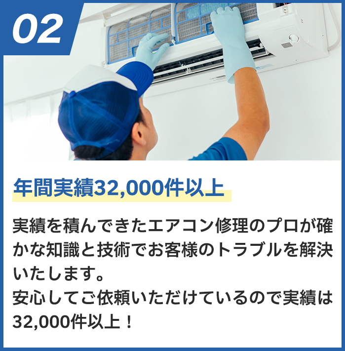 年間実績32,000件以上 実績を積んできたエアコン修理のプロが確かな知識と技術でお客様のトラブルを解決いたします。安心してご依頼いただけているので実績は32,000件以上！