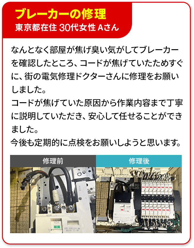 ②ブレーカーの修理、埼玉県 20代女性Yさん。最近ブレーカーの調子が悪く、頻繁に落ちてしまっていたので電気修理ドクターさんにご相談させていただきました。電話口でも親身に話を聞いてくださり、修理の際にも作業前にしっかりと見積を提示していただけたので私自身納得したうえで作業に入ってもらえました。クレジットカードで支払いができたのもありがたかったです！